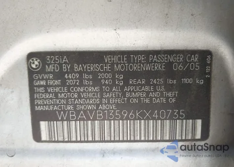 2006 BMW 325I z USA, uszkodzony, nr VIN WBAVB13596KX40735